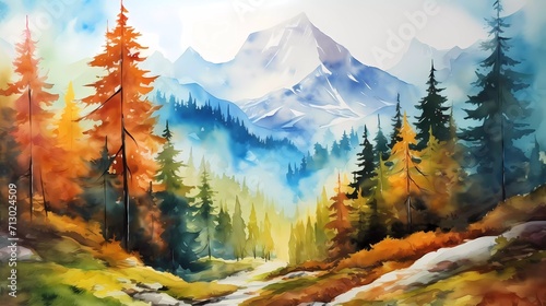 watercolor painting Autumn mountains with fir trees. generative ai