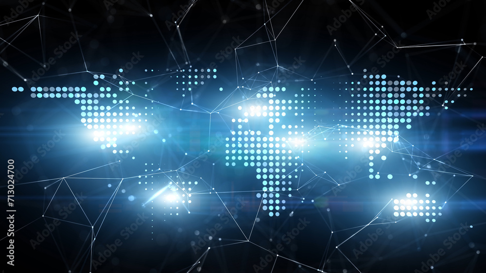 Fototapeta premium Shiny abstract digital world map with lines and dots illustration background.