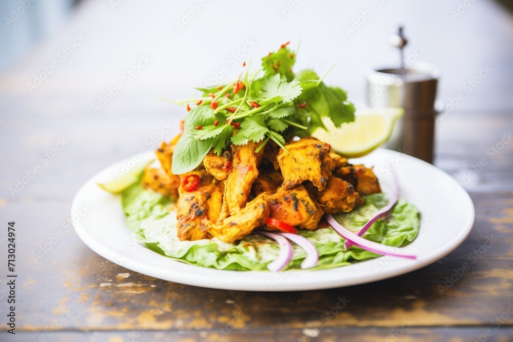 chicken tikka wrapped in lettuce with a spicy sauce chicken tikka wrapped in lettuce with a spicy sauce