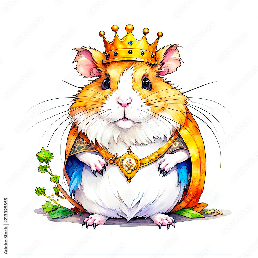 A hamster in a crown on a white background is isolated