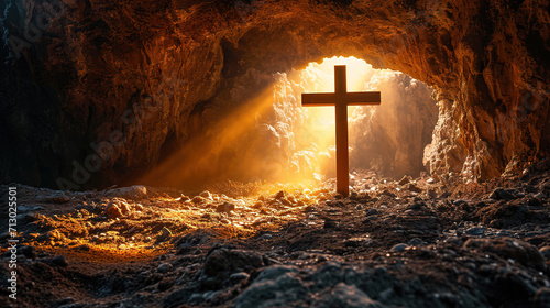 Cross in a cave in the rays of sun