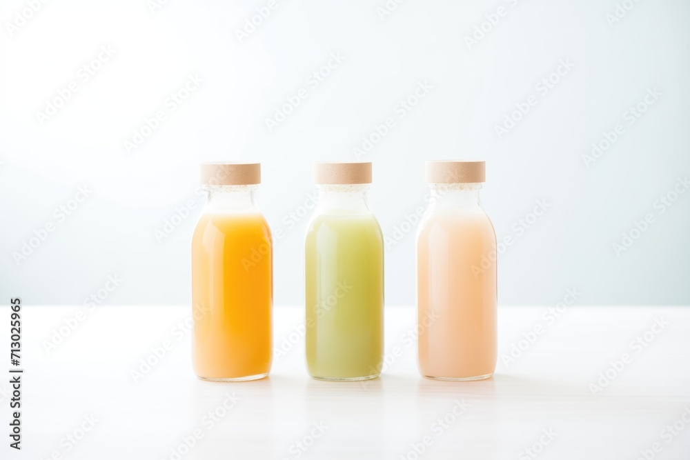 trio of cold-pressed juice bottles with dew, arranged by color gradient trio of cold-pressed juice bottles with dew, arranged by color gradient
