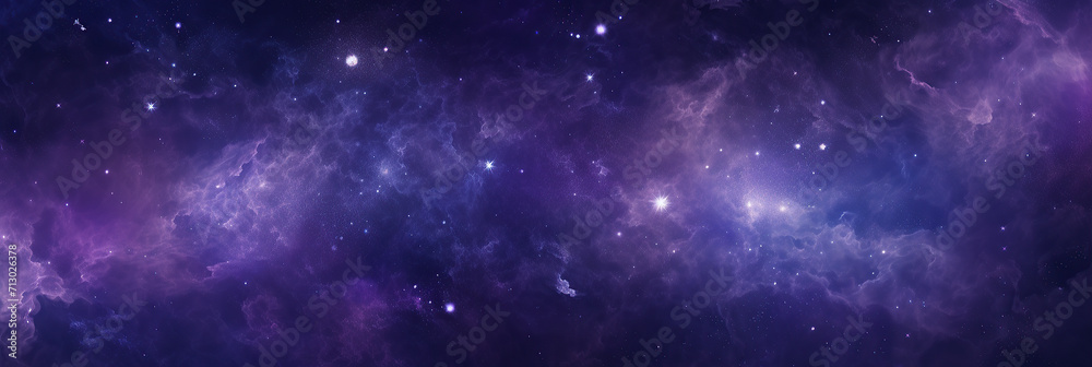 A wide panorama of a nebula, with swirling patterns of purple and blue gases, dotted with bright stars and darker regions of space dust.