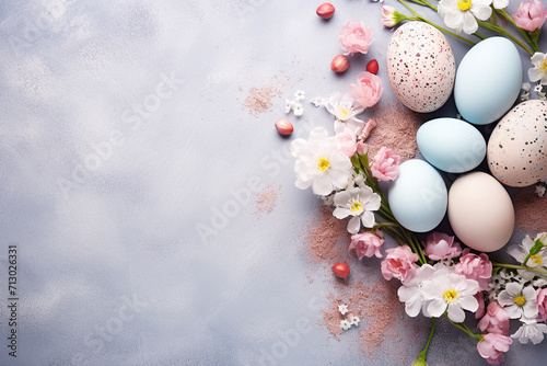 A minimalist flat lay Easter composition with spring flowersand pastel-colored eggs on a textured concrete background.