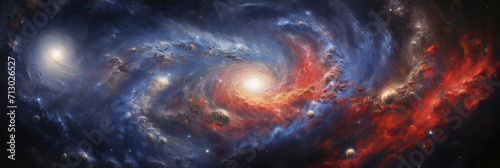 spiral galaxy, with swirling clouds of stars and vibrant nebulae in hues of blue and red, signifying cosmic chaos and beauty.