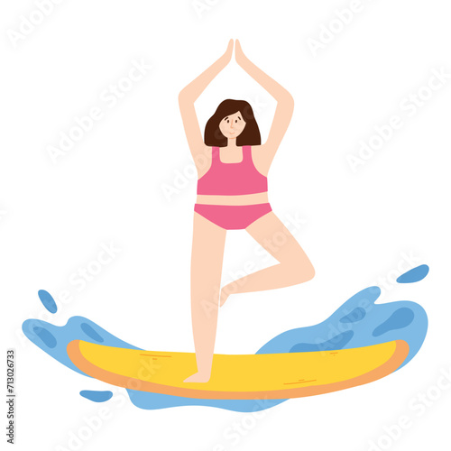 Yoga on saddles. A woman does yoga on sups. Vector illustration isolated on white background. A woman is surfing.