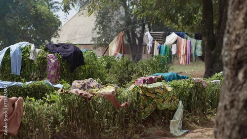 Laundry / Clothes drying on a rope and on bushes in an African village. Cameroon photo