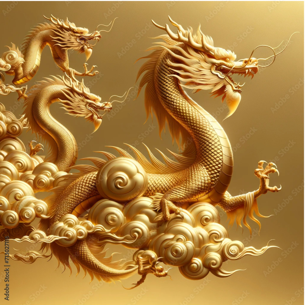 Obraz premium the minimalist realistic art illustrations of mythical gold dragons on a cloud, designed in a traditional Chinese style