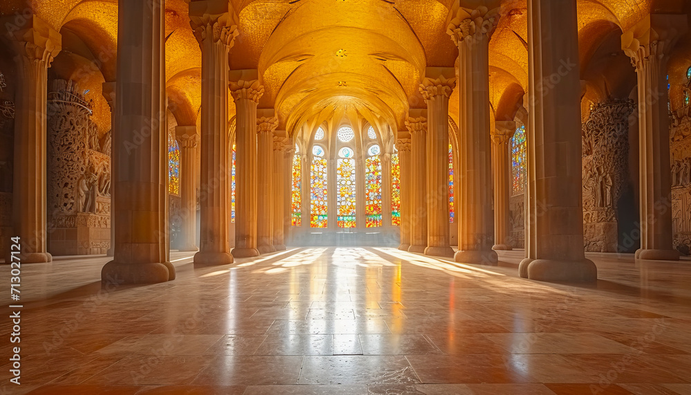 Ancient chapel with light and shadow that represents the atmosphere of reflection and contemplation, March, Culture and Religion concept, generative ai