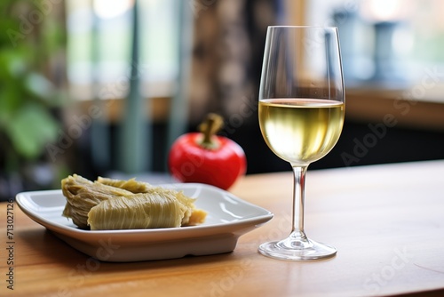 dolma paired with white wine in glass photo