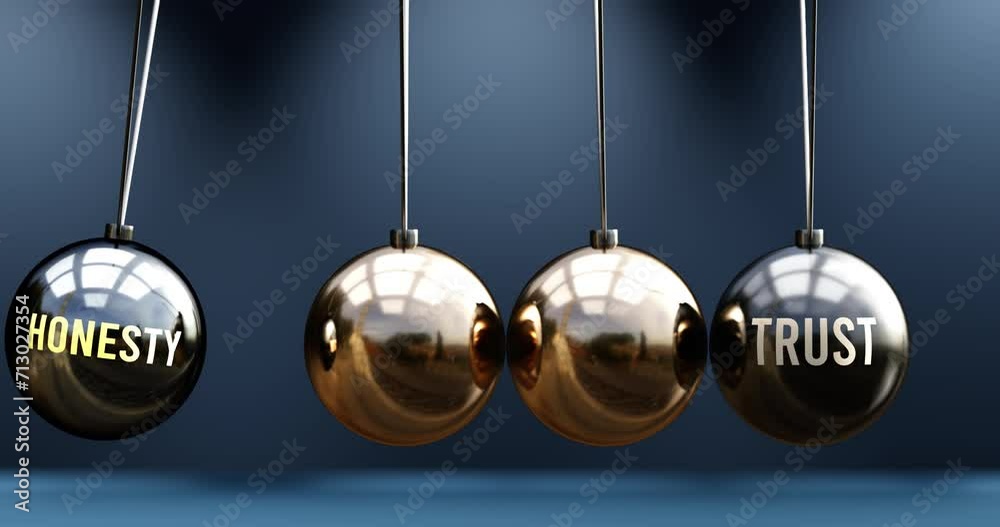 Honesty leads to trust. A Newton cradle metaphor in which honesty gives power to set trust in motion. Cause and effect relation between honesty and trust. Can be looped Honesty leads to trust. A Newton cradle metaphor in which honesty gives power to set trust in motion. Cause and effect relation between honesty and trust. Can be looped