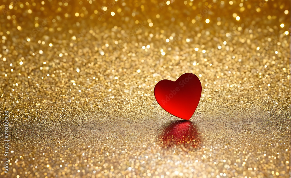 Fototapeta premium A small red heart on a sparkling gold background. Generative AI