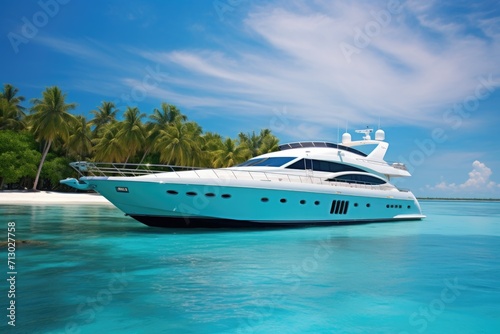 A beautiful modern boat near the island in turquoise water. The Tropics