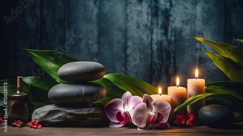 Candles and spa stones.Burning candles  stones  and background.