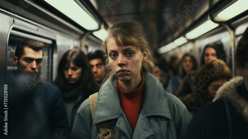 City Commuting Hustle: Woman Riding the Vibrant Metro, generative ai