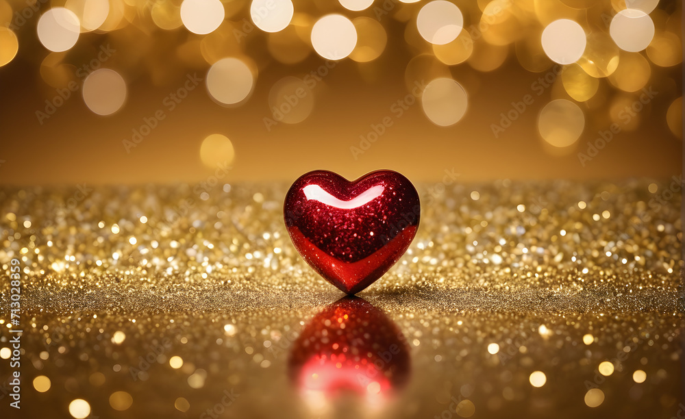 A small red heart on a sparkling gold background. Generative AI