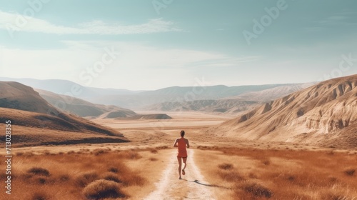young woman running in a serene and minimalist landscape, panorama sport banner, pro training in nature for a marathon, motivation concept wallpaper. photo