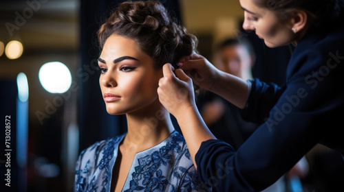 Makeup stylist creating an image of a model for a fashion show