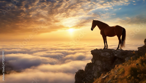 朝日の雲海を見る馬,Generative AI AI画像