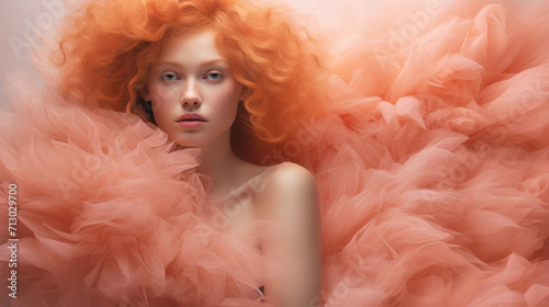 Portrait of young woman in soft peach pastel colors with natural make-up