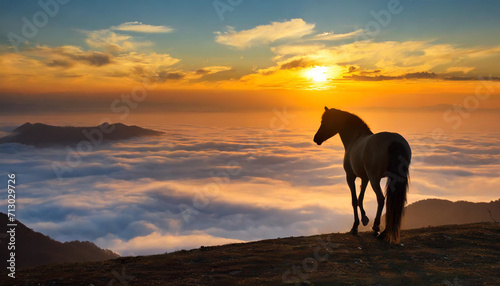 朝日の雲海を見る馬,Generative AI AI画像 © bigfoot