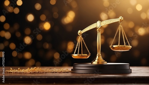 Judge golden scale decoration with soft focus light and bokeh background photo