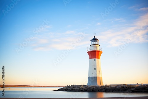 lighthouse at dawn with clear blue skies
