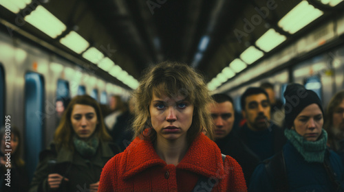 Rush Hour Saga: Woman Embarking on a Crowded Train, generative ai
