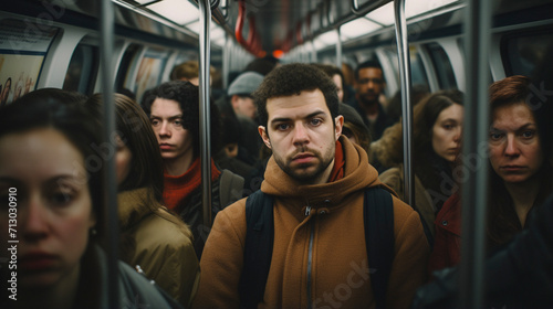 Urban Transit Tales: Men Riding the Packed Subway, generative ai