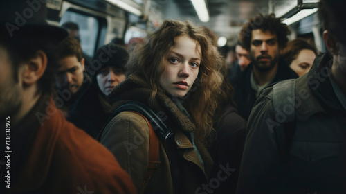 Subway Chronicles: Woman in the Midst of the Commuting Crowd, generative ai