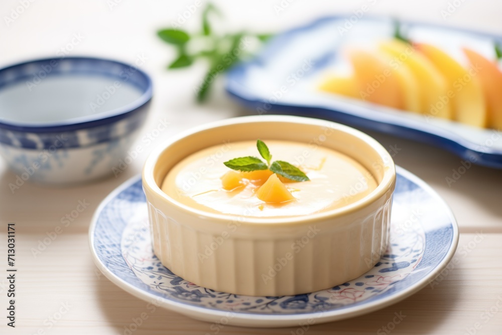 peach mousse in a ceramic dish with peach slice on top peach mousse in a ceramic dish with peach slice on top