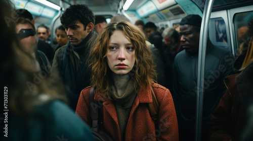 Urban Transit Tales: Woman Riding the Packed Subway, generative ai