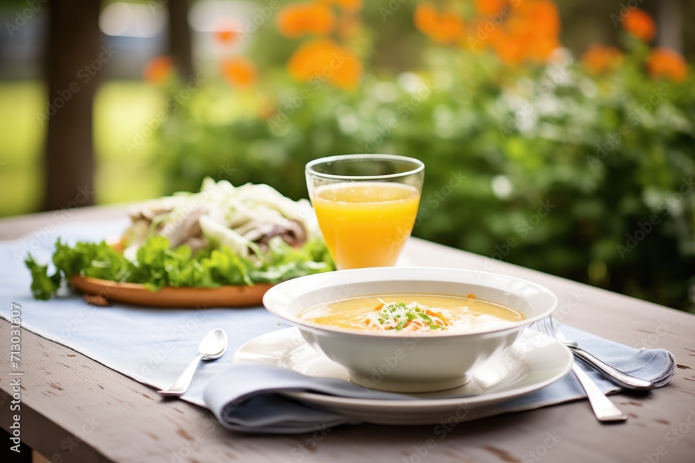 outdoor table setting with soup, and salad served for lunch outdoor table setting with soup, and salad served for lunch