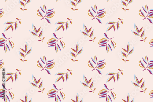 Seamless minimalist, retro tiny leaves pattern on a beige background. Vector hand drawn abstract creative leaf stems. Botanical tropical motifs scattered randomly. Template for textile, fashion, print