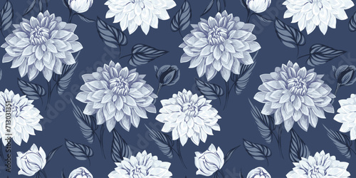 Artistic dahlia flowers with leaves seamless pattern. Vector hand drawn. Beautiful grey floral print. Template for design, textile, fashion, surface design, fabric, interior decor, wallpaper