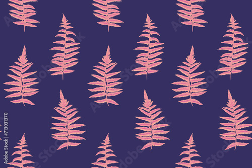 Seamless vibrant pink leaves branches fern pattern on a dark blue background. Vector hand drawn sketch. Simple stylized botanical leaf printing. Template for design, fabric, interior decor, textile