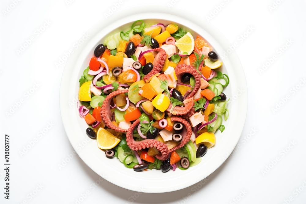 overhead shot of octopus salad with black olives