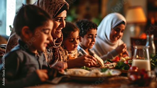Joyful Muslim Family Sharing Traditional Meal at Home.