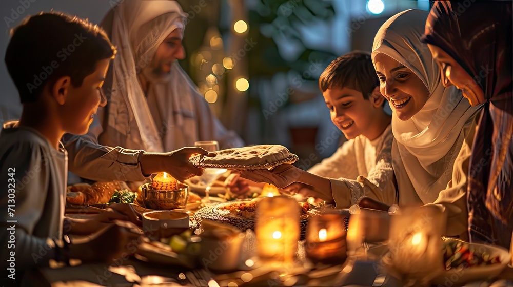 Joyful Muslim Family Sharing Traditional Meal at Home. Joyful Muslim Family Sharing Traditional Meal at Home.