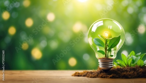 Light bulb with sunshine and green warm background photo