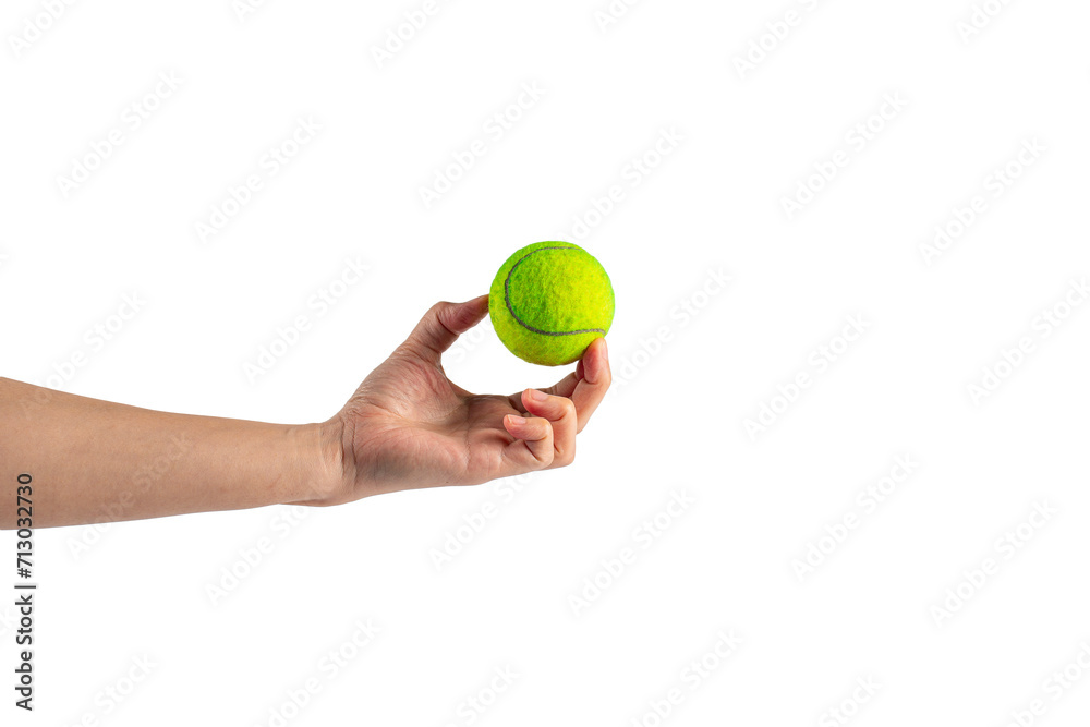 Tennis ball in hand on transparent background 