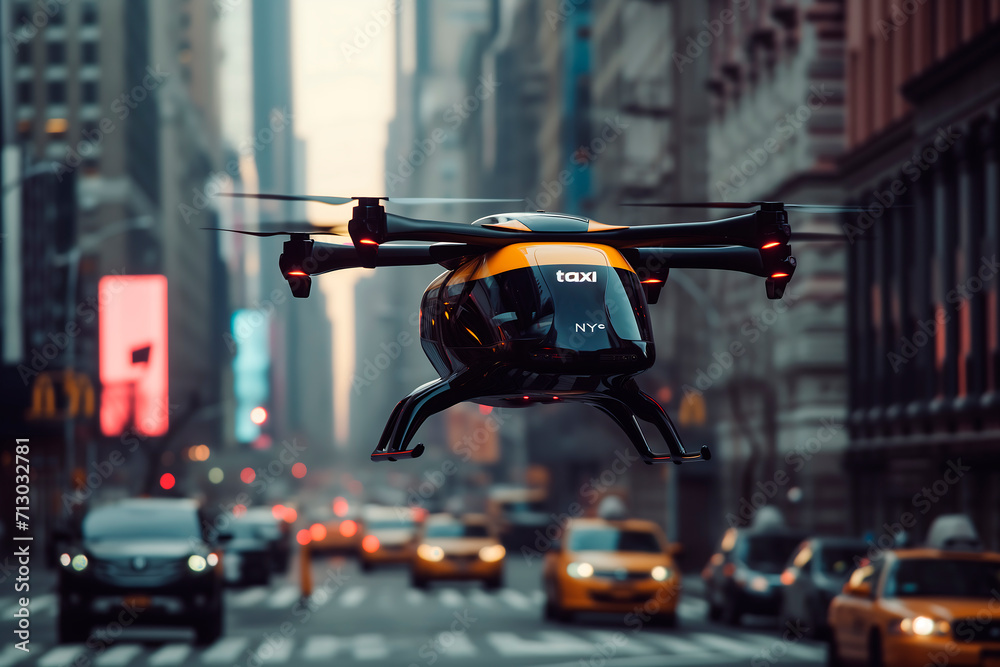 Drone Taxi Soaring Over New York City Streets