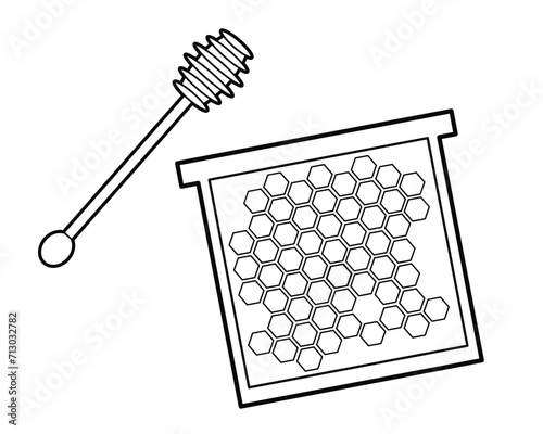 Honeycombs frame with honey and wooden spoon for honey. Beekeeping, healthy food. Design element. Black and white illustration Isolated on white background.