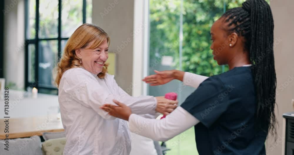 Physiotherapist, senior woman and dumbbells for workout, wellness and muscle health in retirement. Nurse, caregiver or elderly person for exercise, fitness and training with helping in nursing home Physiotherapist, senior woman and dumbbells for workout, wellness and muscle health in retirement. Nurse, caregiver or elderly person for exercise, fitness and training with helping in nursing home