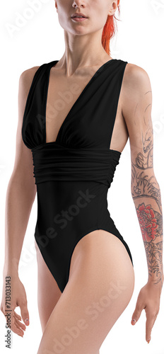 Mockup of a black monokini beach on a girl, front view, png, for design