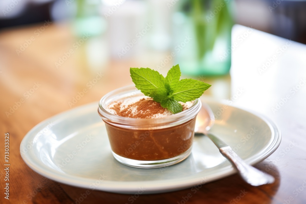 chocolate pudding in bowl with mint leaf chocolate pudding in bowl with mint leaf
