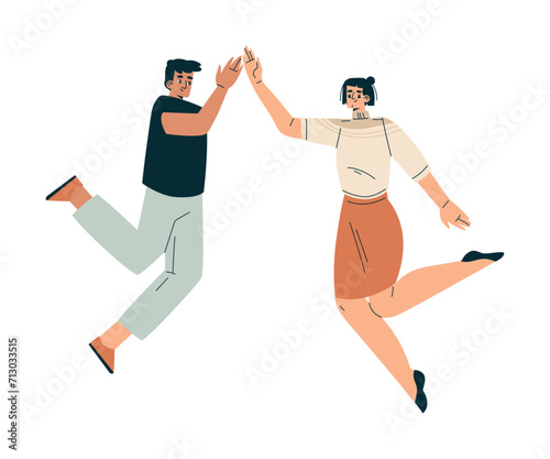 Man and Woman Character Giving High Five Hand Gesture with Joy Vector Illustration