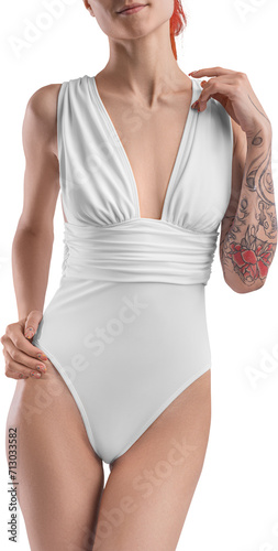 Mockup of a white monokini beach on a girl, front view, png, for design photo