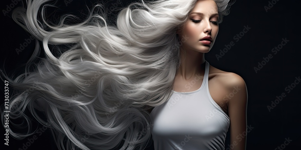 Fototapeta premium Beautiful blonde with curly hair, natural makeup and red lips. Facial and hair beauty. The picture was taken in the studio