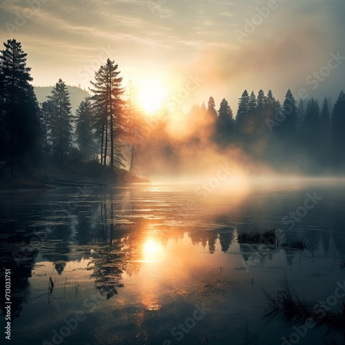 Nice view misty dawn lake image Generative AI